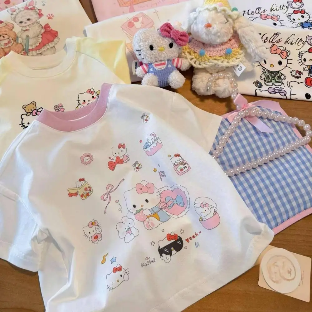 

Милые топы Sanrio Hello Kitty, футболка из чистого хлопка для девочек, летняя детская свободная детская футболка с короткими рукавами и принтом