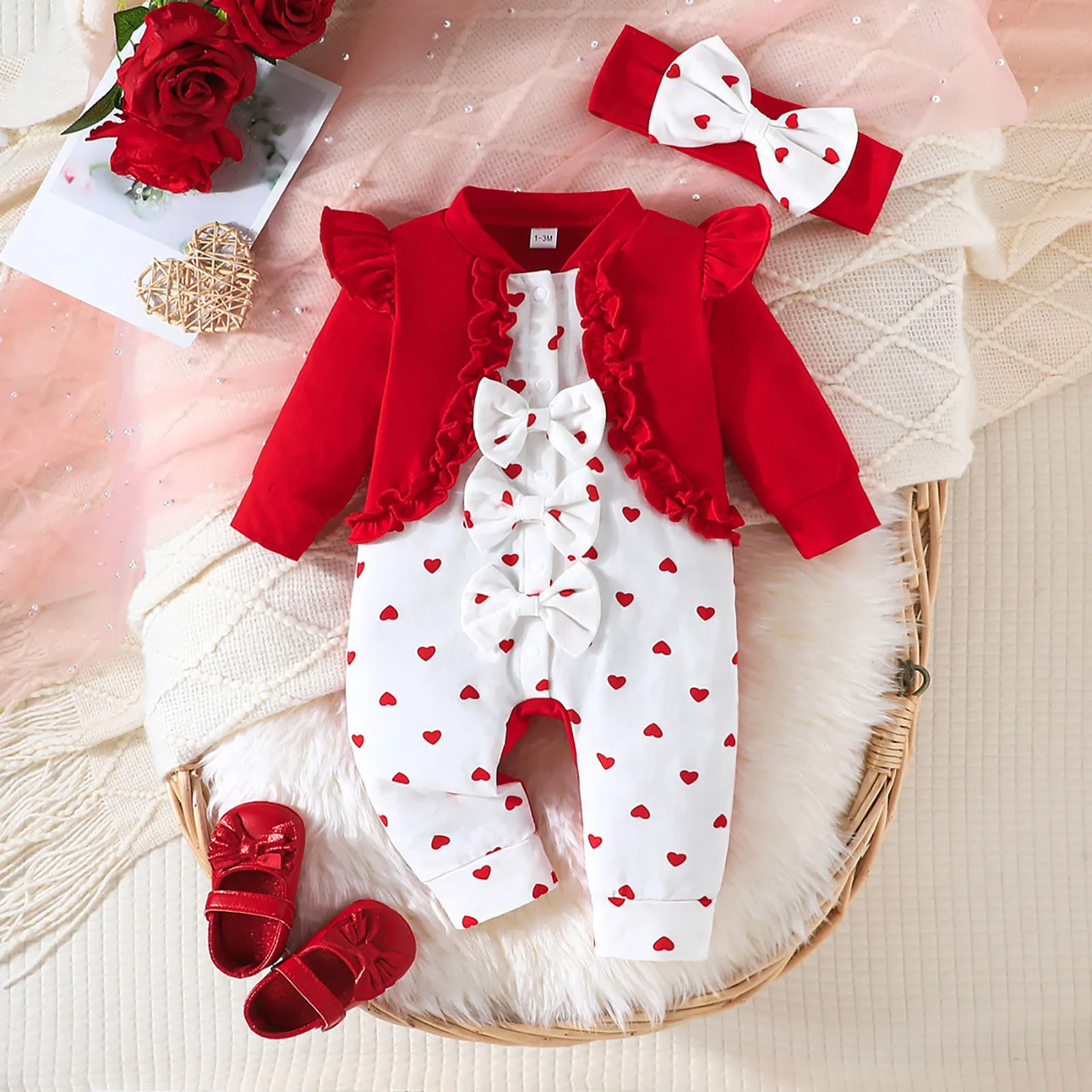 Newborn Baby Girl Romper Long Sleeved Ruffle Bodysuit with Headband Autumn & Winter Onesie Outfit Clothing For Baby 0-18 Months