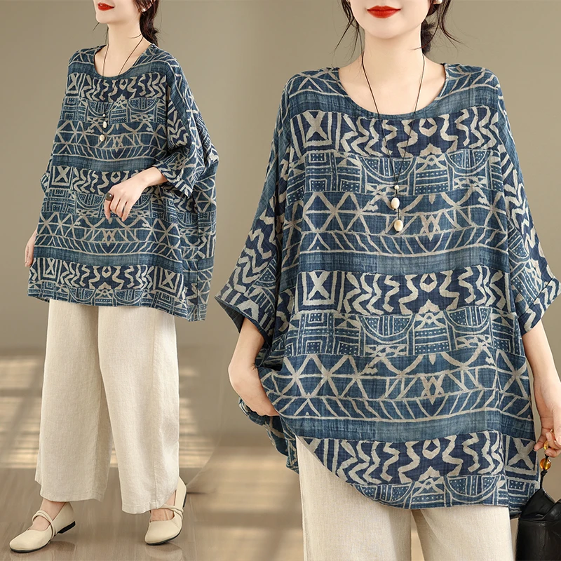 

New 2025 Cotton Linen Loose Batwing Sleeve Printed Slimming Top Ethnic Style Women's Fashionable Age-defying Upperwear