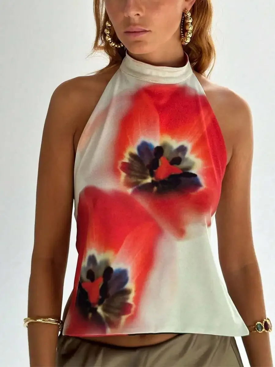 

Women Halter Mock Neck Sleeveless Crop Top Floral Print Summer Party Streetwear