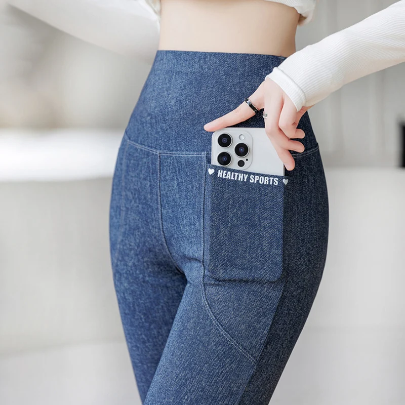 Out Wear Women Faux Jean Leggings High Stretch Slim Fit Flared Leggings Autumn Winter Fleece Seamless Fitness Workout Yoga Pants