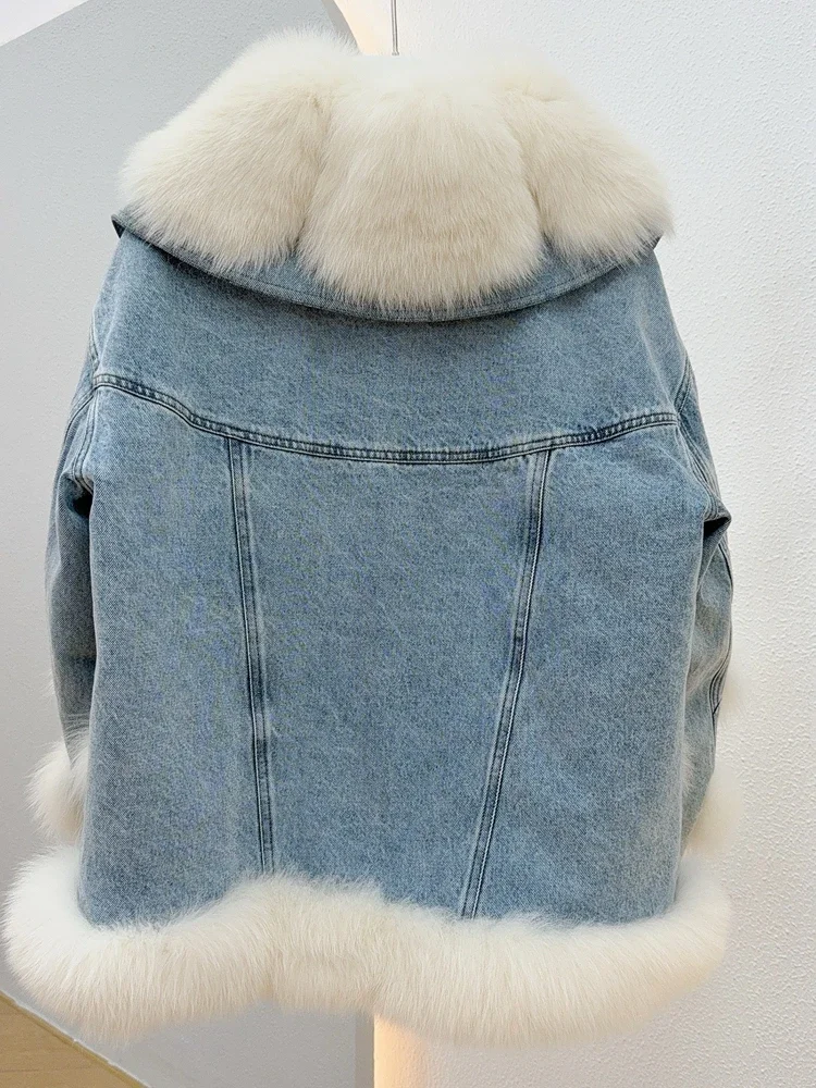 2023Real fur, New Winter Natural Fox Fur Collar Goose Down Filled Denim Jacket Women Luxury Puffer Jackets Clothing