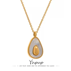 Yhpup Golden Fruit Pendant Necklace for Women Stainless Steel Jewelry Avocado Natural Shell Fashion Charm Cute Summer Party