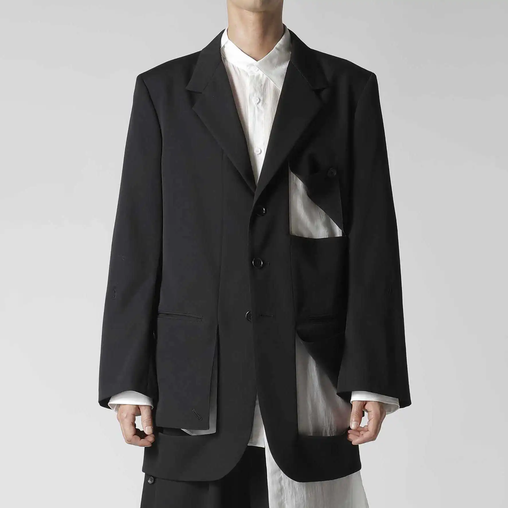 

YOJI OOAK Japanese design wool hollow out design suit jacket black long sleeved suit collar top for men