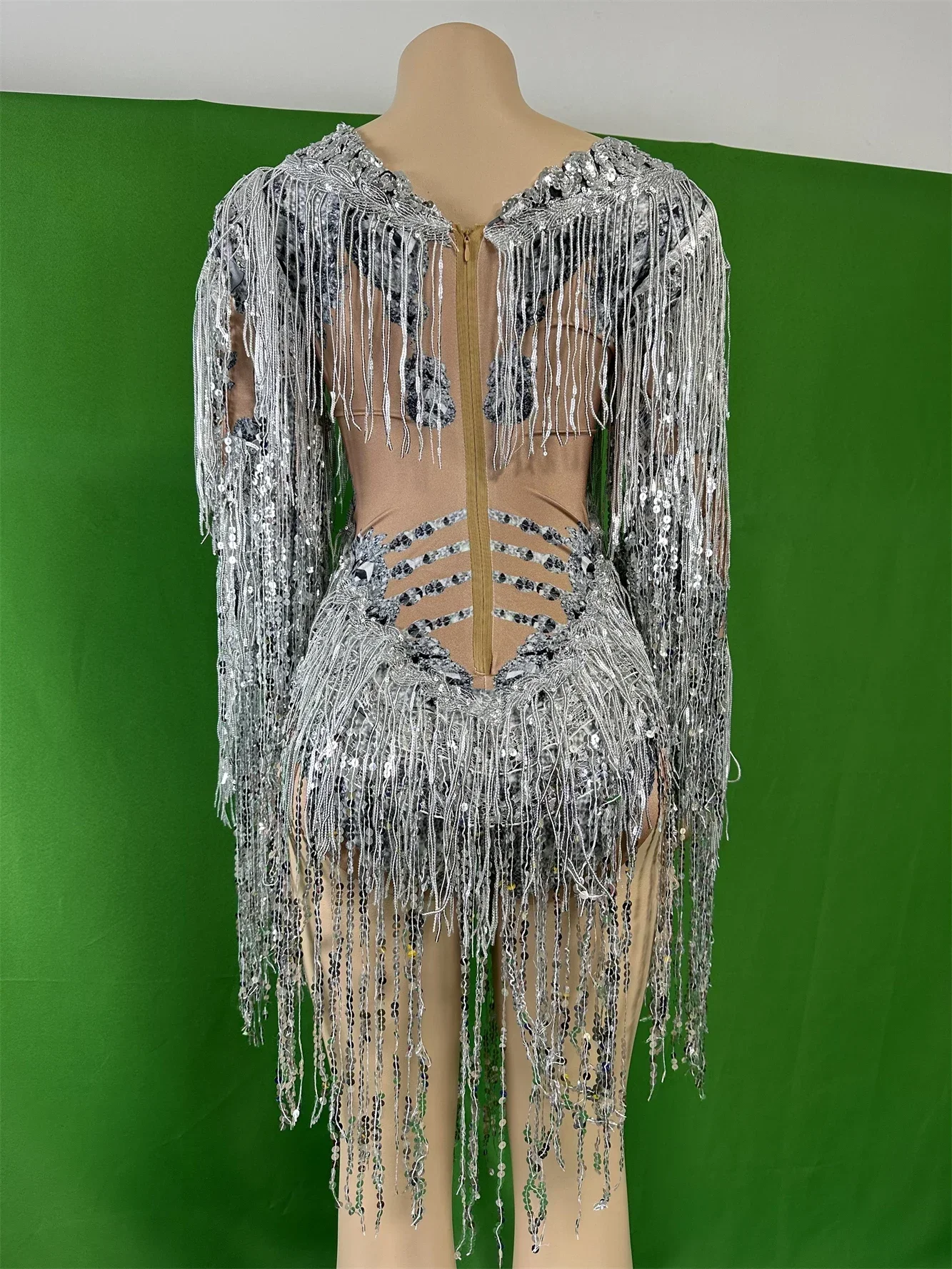 Women Tassel Silver Sparkly Sheer Sequins Bodysuits Singer Dancer Stage Wear Drag Queen Rhinestone Sexy Leotard