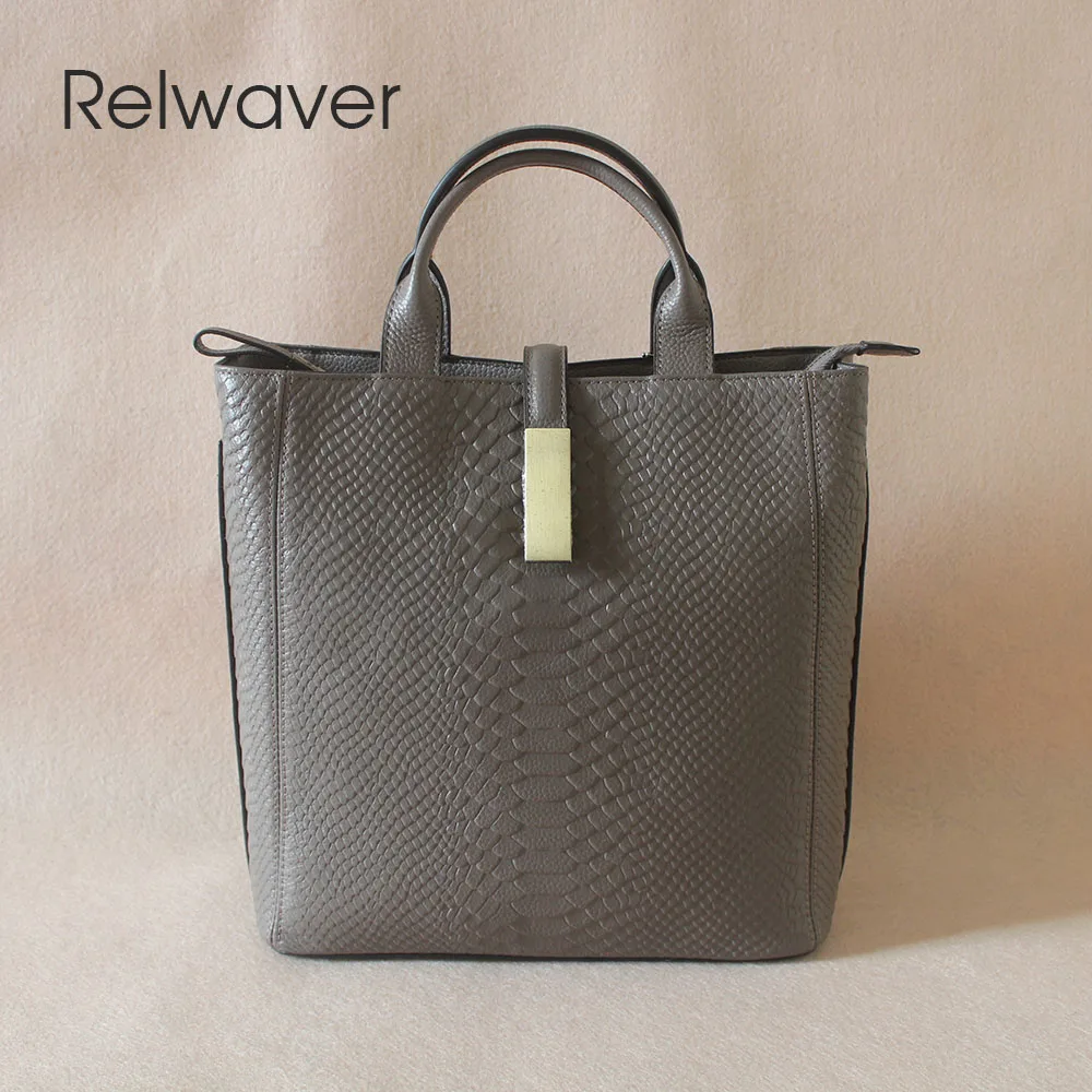 Relwaver python pattern handbags solid genuine cow leather tote bag 2023 autumn winter grey women hand bag commute shoulder bag