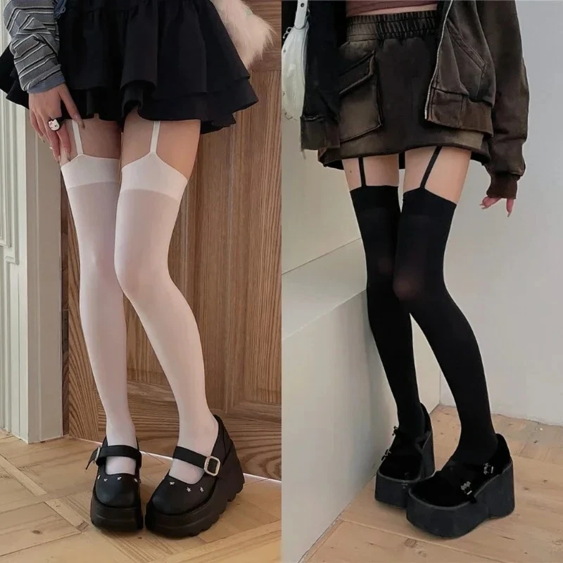 

Women Suspender Wide-banded Velvet Tights Lolita Thin Thigh High Stockings with Garters Y2K JK College Style Over The Knee Socks