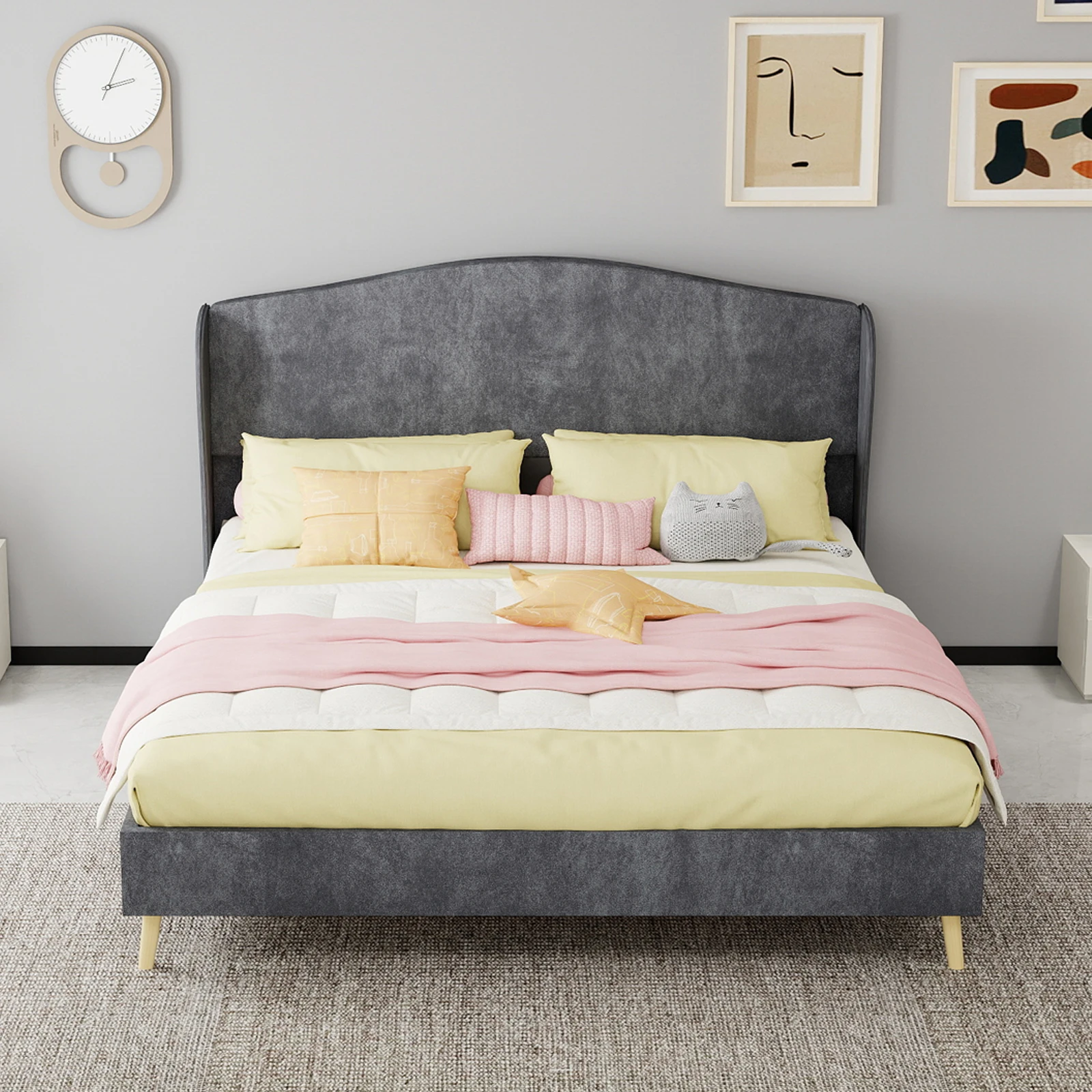 Queen Size Upholstered Bed Frame with Tufted Velvet Headboard, No Box Spring Needed, Noise-Free Wood Slat Support, Gray