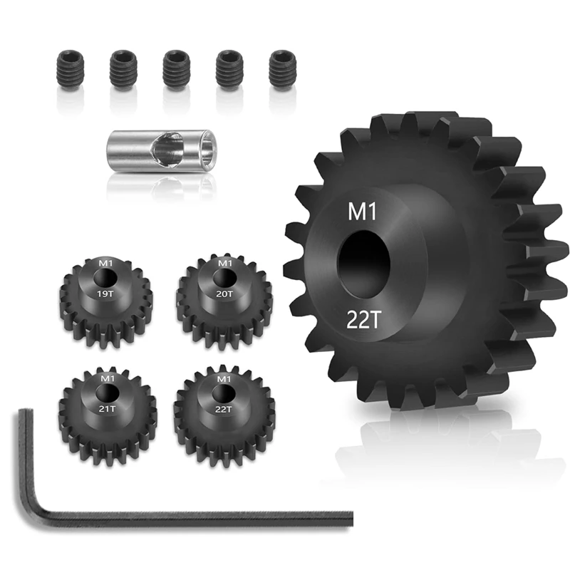 Mod 1 Pinion Gear Set 4PCS, 19T 20T 21T 22T M1 Pinion Gear Metal Hardened Steel Fit 5mm RC Motor Shaft with Hex Key