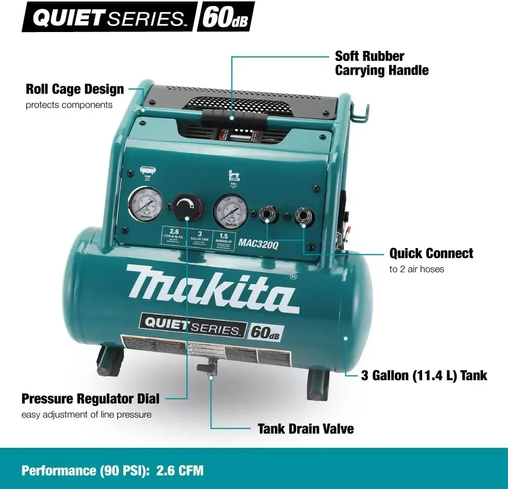 Makita MAC320Q Quiet Series 1-1/2 л.с., 3 галлона, безмасляный, электрический воздушный компрессор