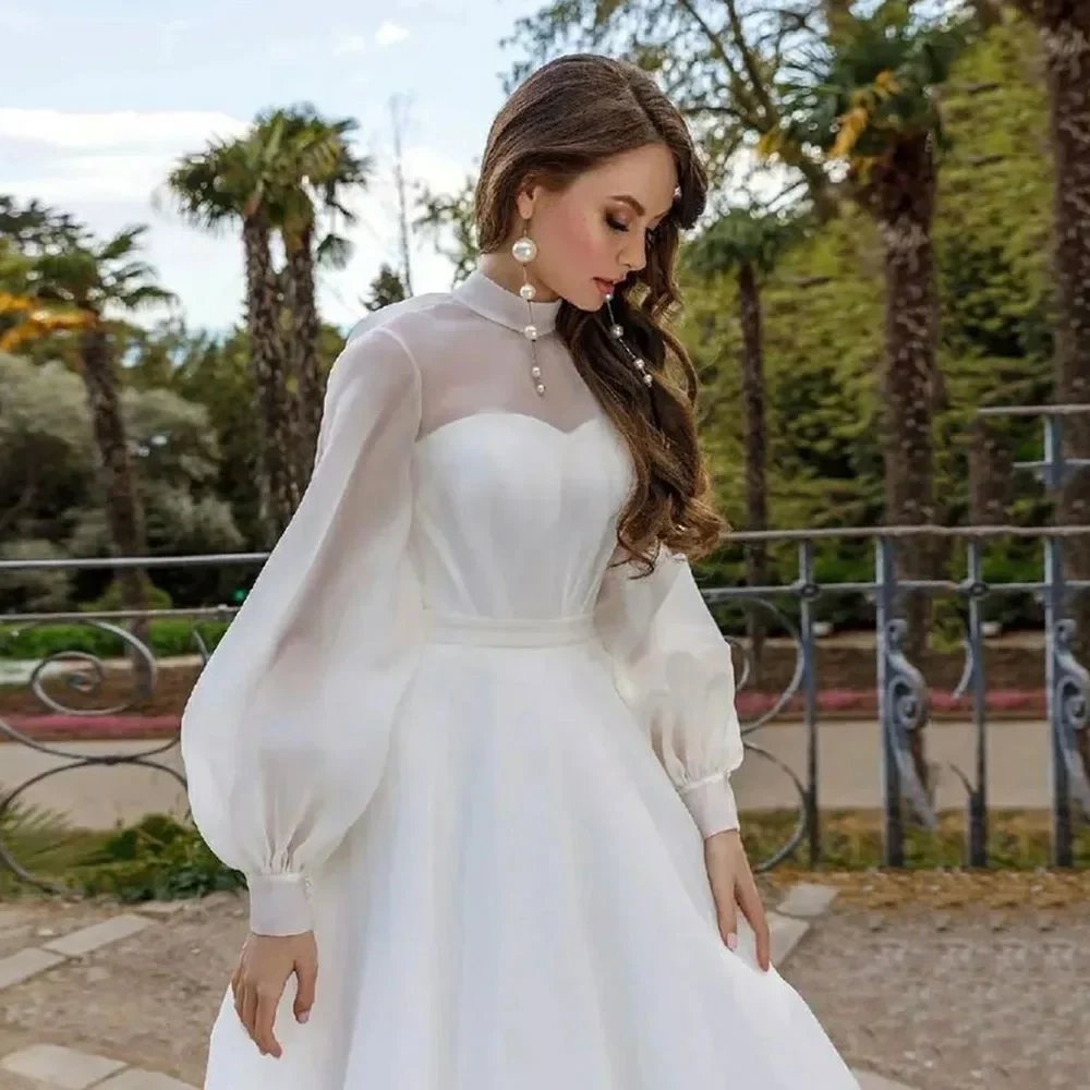 Customized2025 Muslim Organz Boho Wedding Dress Puff Sleeve Bride Dresses High Neck Saudi Arabia Muslim Wedding Party Dresses