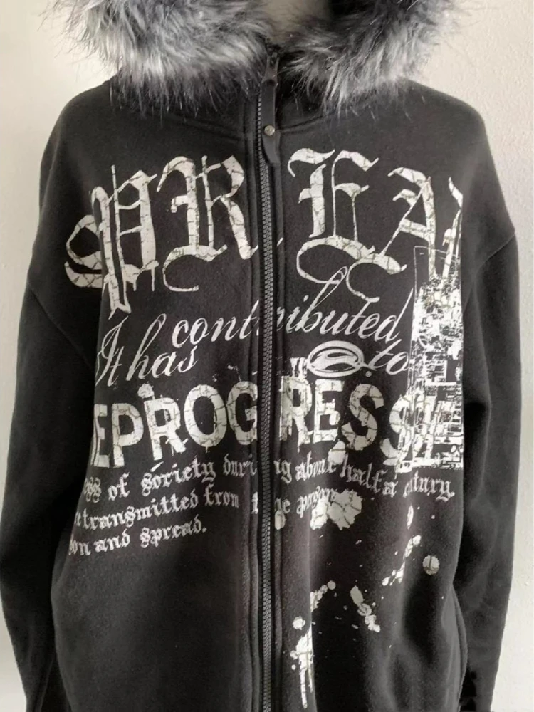 Y2k الأمريكية الرجعية الأسود زمم هوديي البلوز المرأة إلكتروني تصميم سترة البلوز Harajuku الفراء طوق معاطف سترة القمم #3