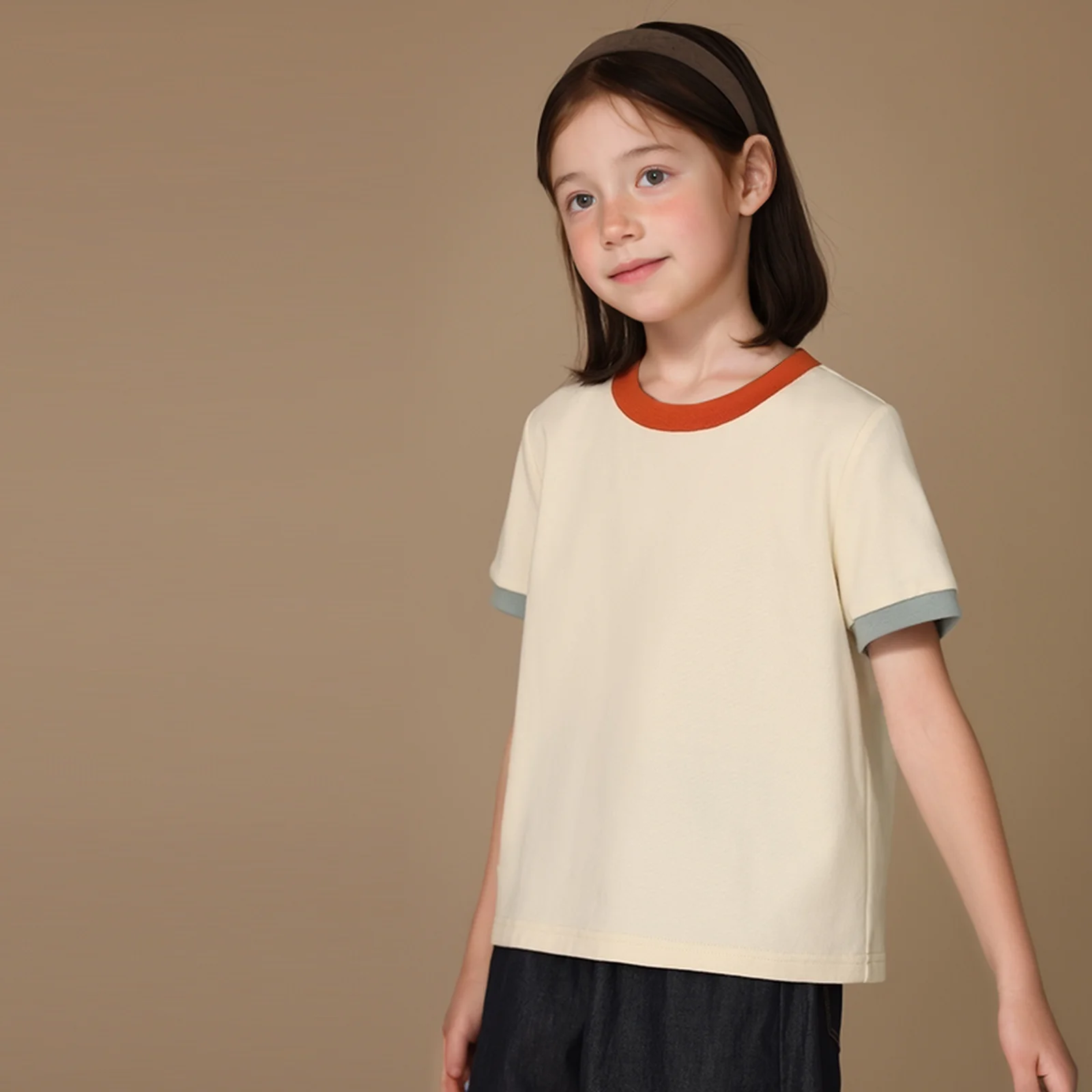 

Children's Clothing Girls Clothes Cotton Contrast Color Short-sleeved Retro T-shirt Boys and Girls Summer Top