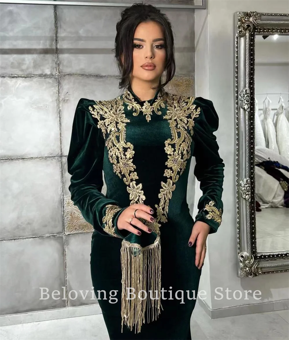 Moroccan Kaftans Appliques Mermaid Evening Dresses 2024 Robes Arabic Long Sleeves Prom Dress Muslim Beaded Wedding Party Gowns