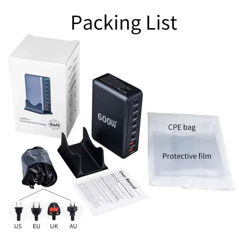 600W GaN Charger Fast Phone Charging Station Multi Port 140W PD 3.1 Type C Adapter Desktop Charger for  Laptop