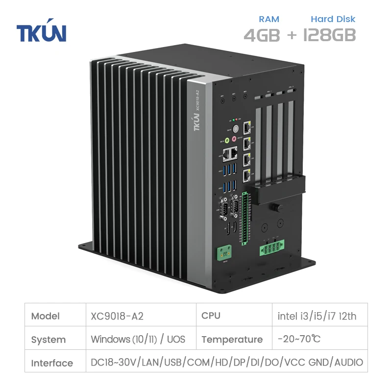 I7/i5/i3 CPU PCIEx16 Slot XC9018-A2 بدون مروحة Win10/11، Linux، نظام UOS 4GB RAM + 128GB كمبيوتر صناعي