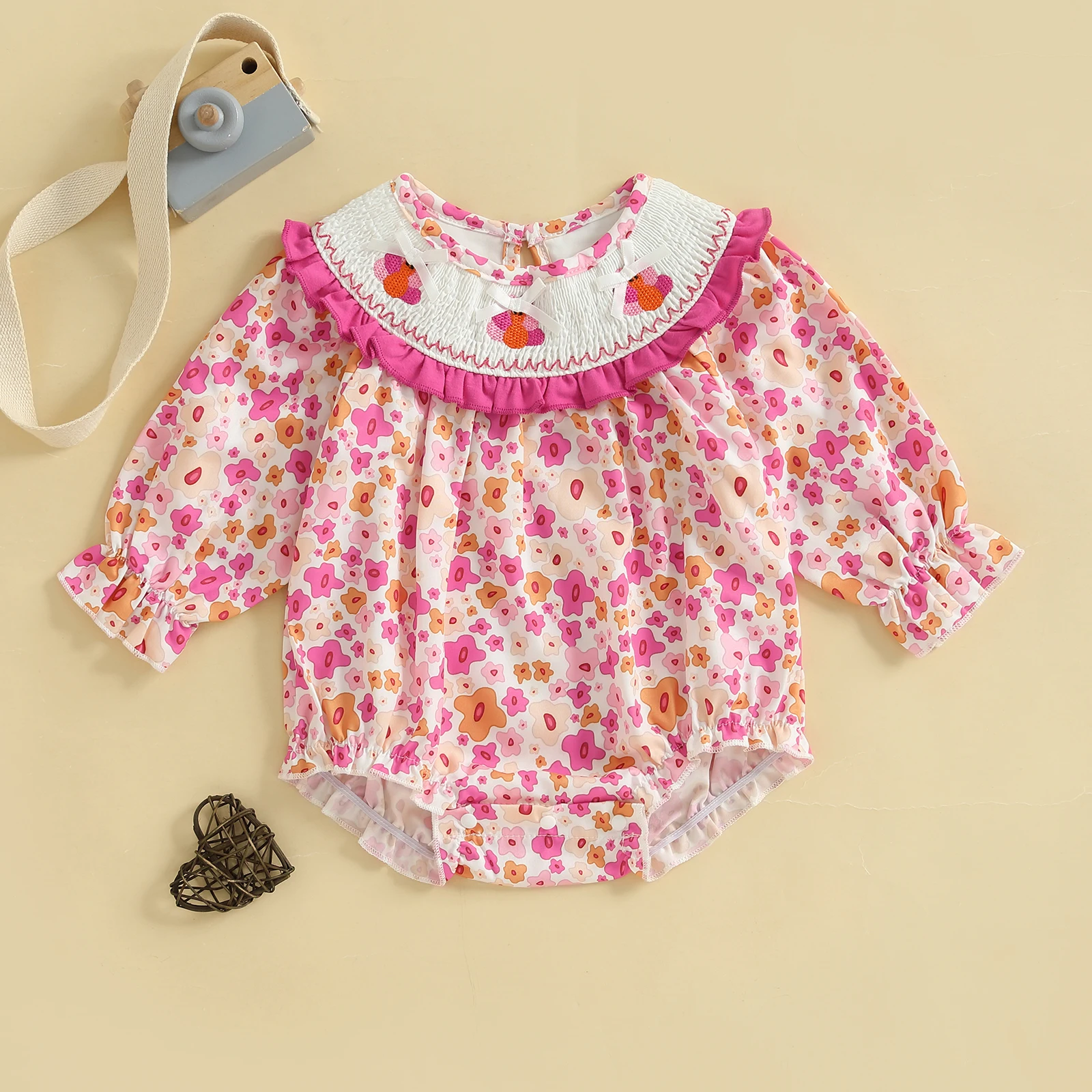 

VISgogo Baby Girl Thanksgiving Romper Turkey Embroidered Floral Print Long Sleeve Jumpsuit for Fall