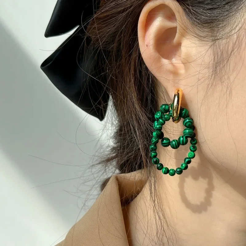 Vintage Green Malachite Beaded Asymmetric Hoops Earring Stainless Steel Huggie Hoop Earrings For Women Jewelry