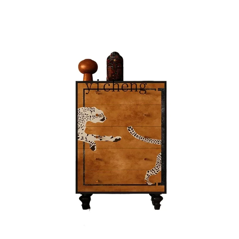 

XMH solid wood chest of drawers, living room storage and storage integrated aisle, leopard painted decorative cabinet