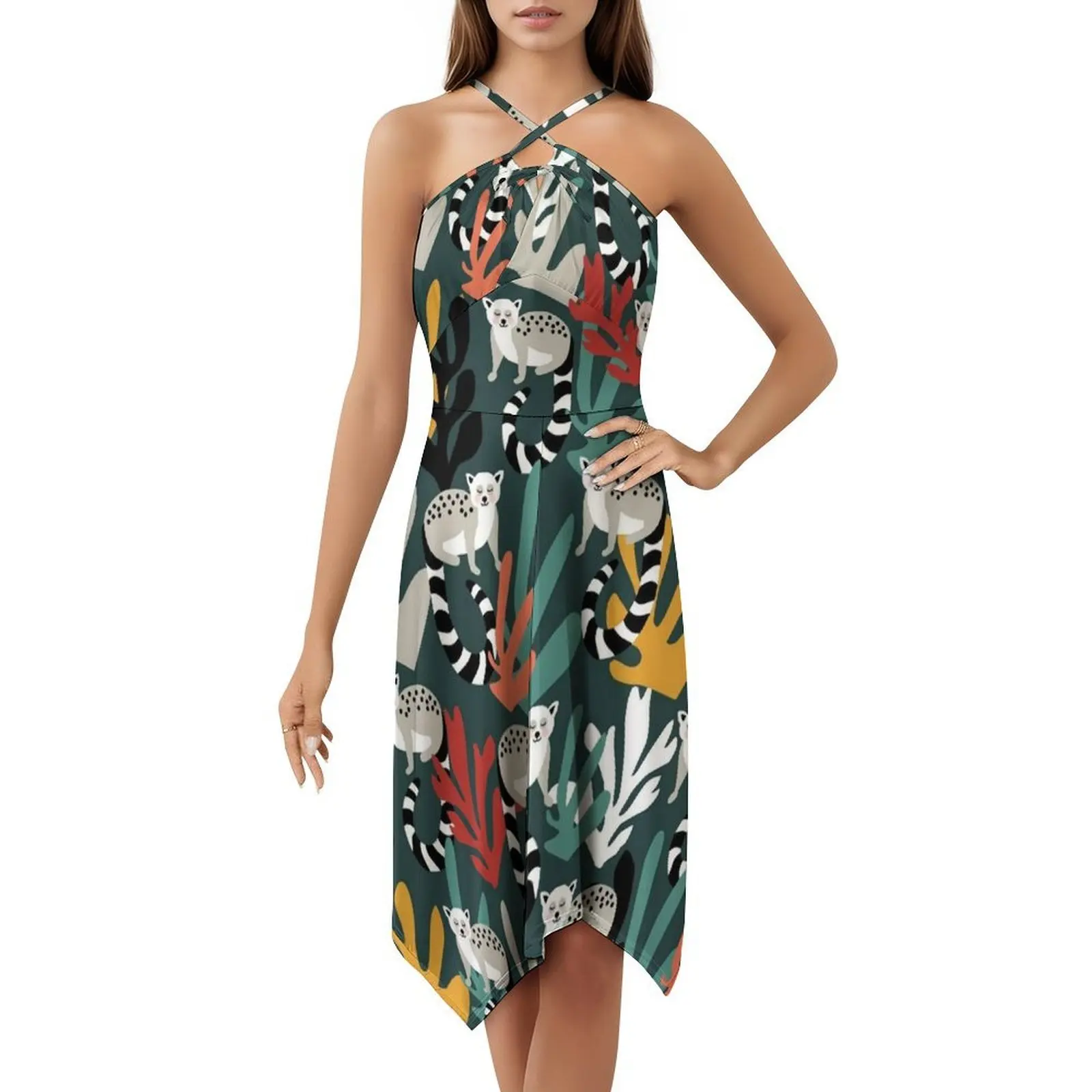 فستان بوهيمي بدون أكمام بطباعة ليمور مع أوراق استوائية للنساء، فساتين حفلات الشاطئ مطبوعة باللون الأصفر والأزرق والأسود والرمادي والوردي #5