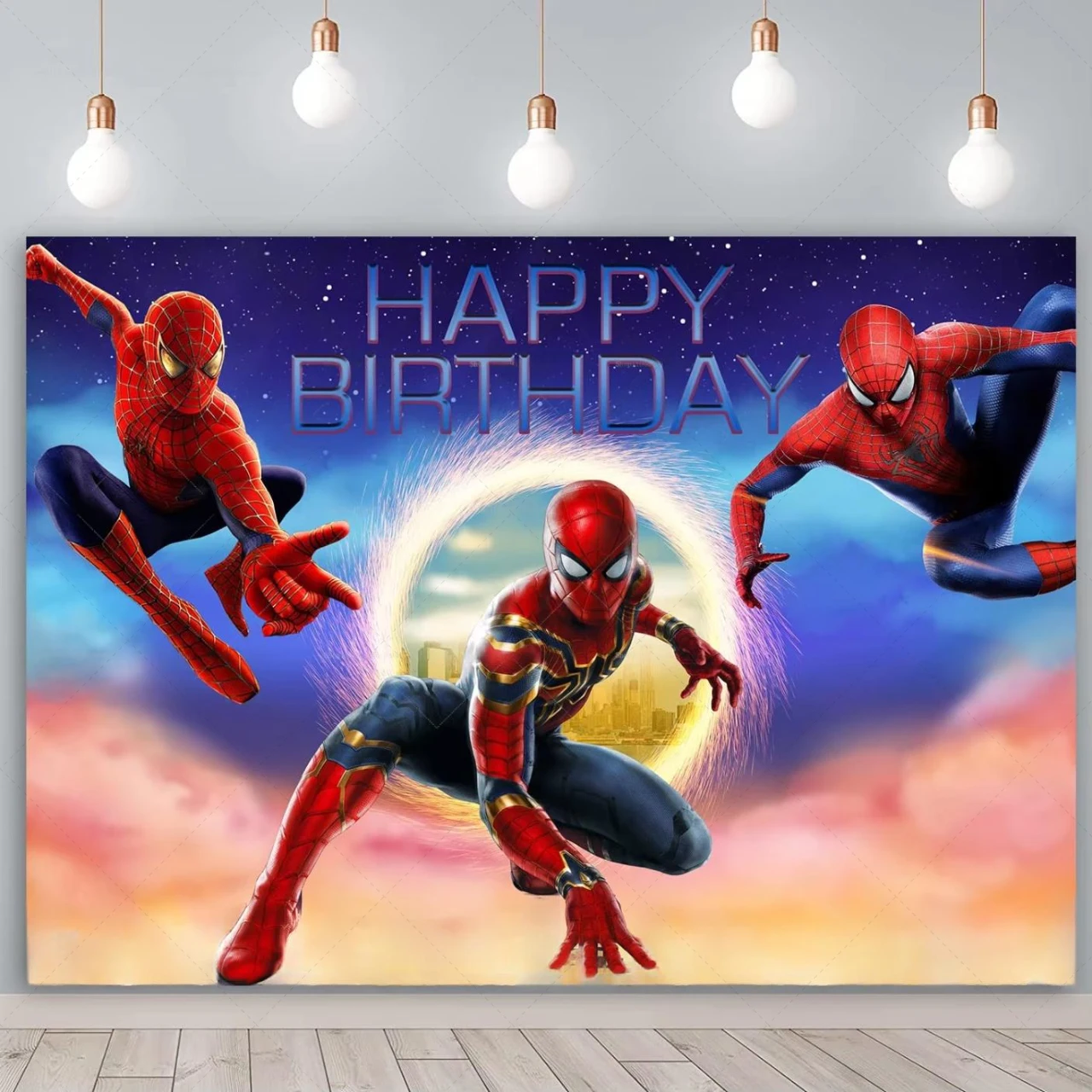 Tło fotograficzne Marvel Spider-Man z własnym imieniem, panoramą miasta, na urodziny dziecka, baby shower, dekoracja do zdjęć. — zdjęcie produktu 3