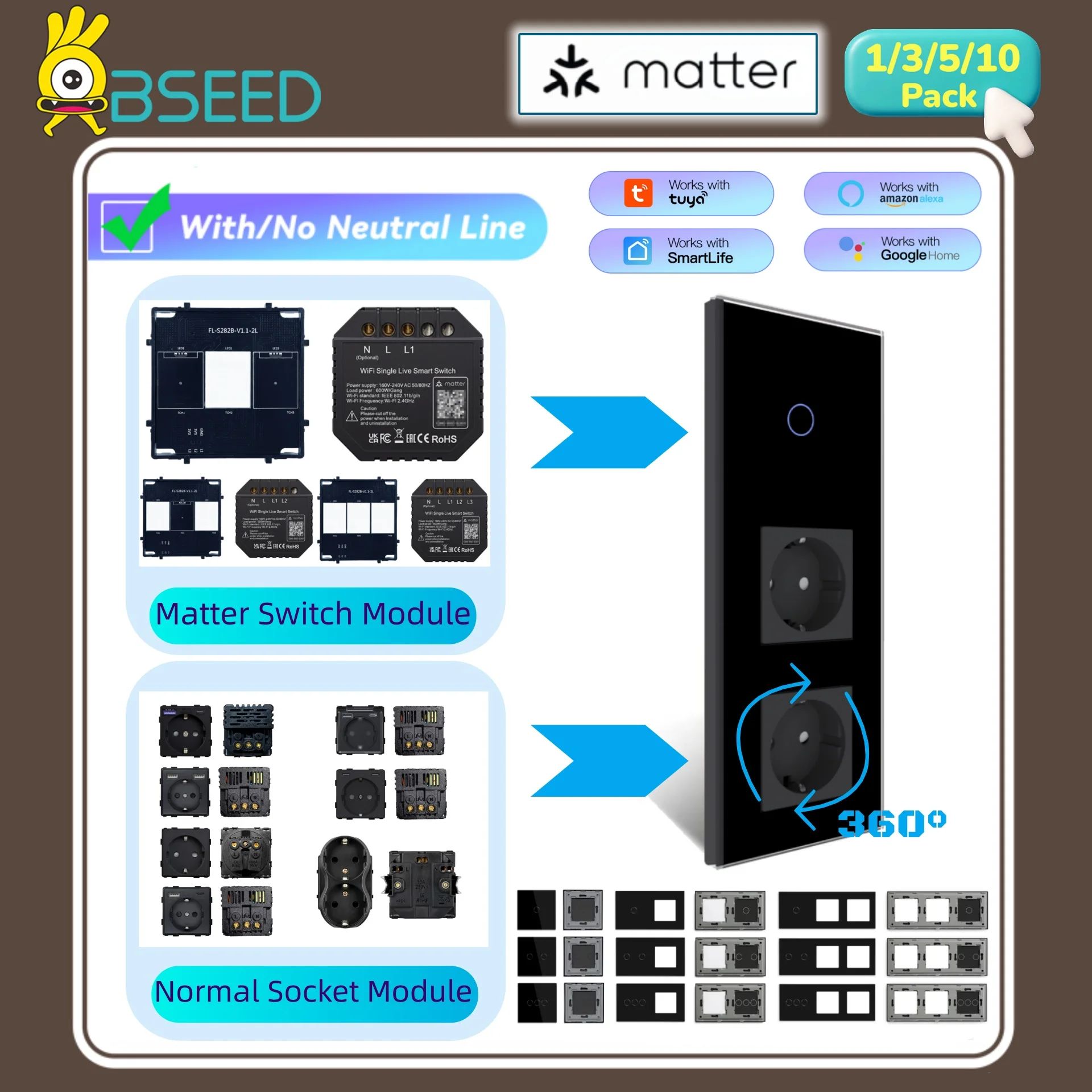 BSEED 1/2/3Gang WIFI Matter Switch Module Parts EU Socket Plug Smart Stair Wall Light Switch Key Tuya APP Free Combination Black
