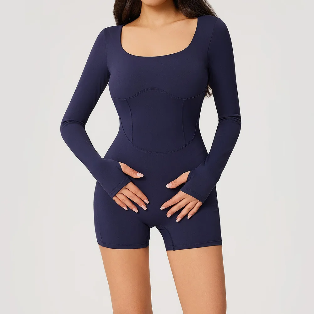 Combinaison de sport une pièce pour femme, style short, à manches longues, dos nu, effet push-up, pour yoga, fitness et gym