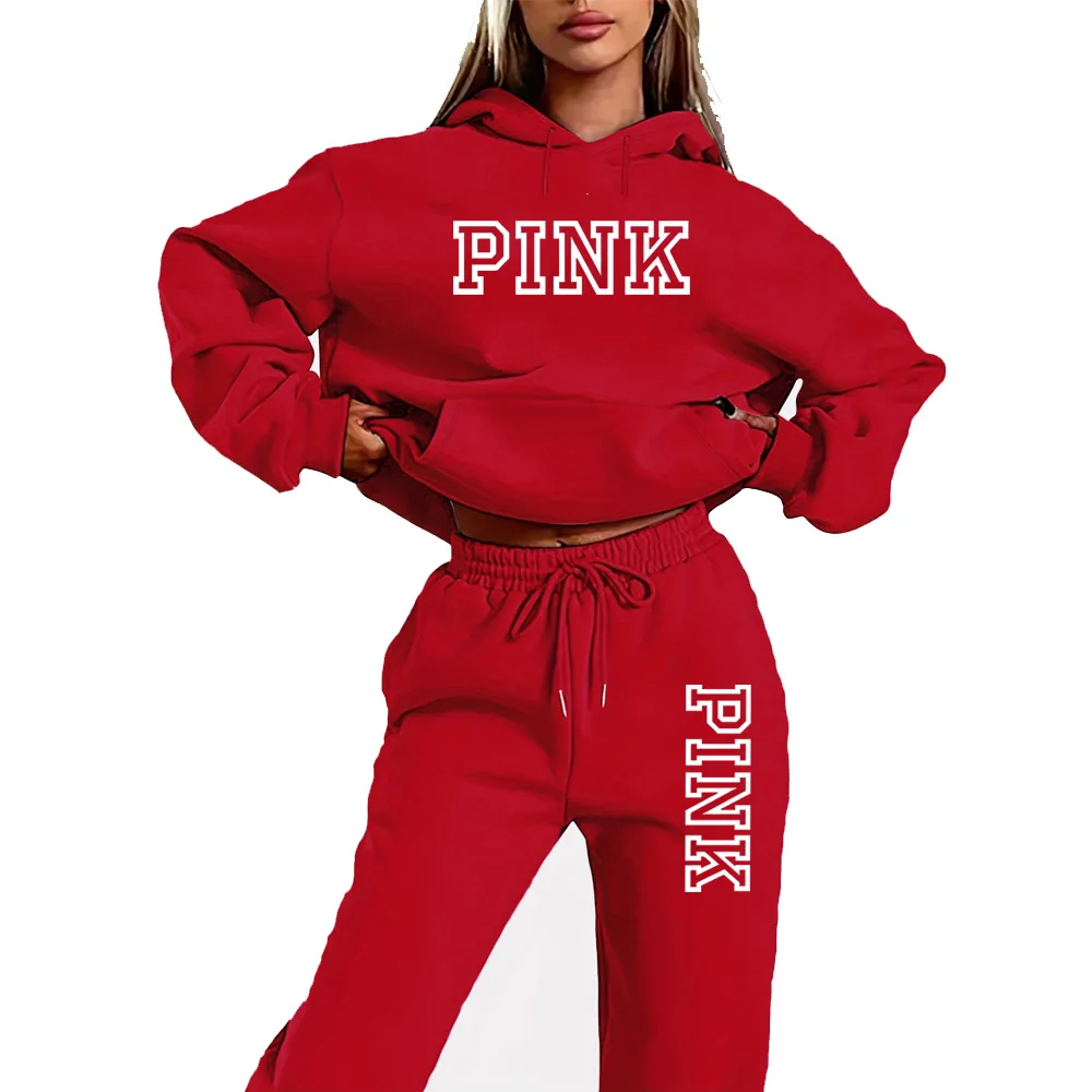 Lady Hoodies Set Fashion 2 Piece Set PINK Letter Print Hooded Sweatshirt And Skinny Stacked Pants Set Sporty Outfit Tracksuit