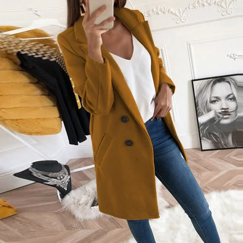 2024 European and American new hot-selling solid-color lapel mid-length button-up woolen coat, women