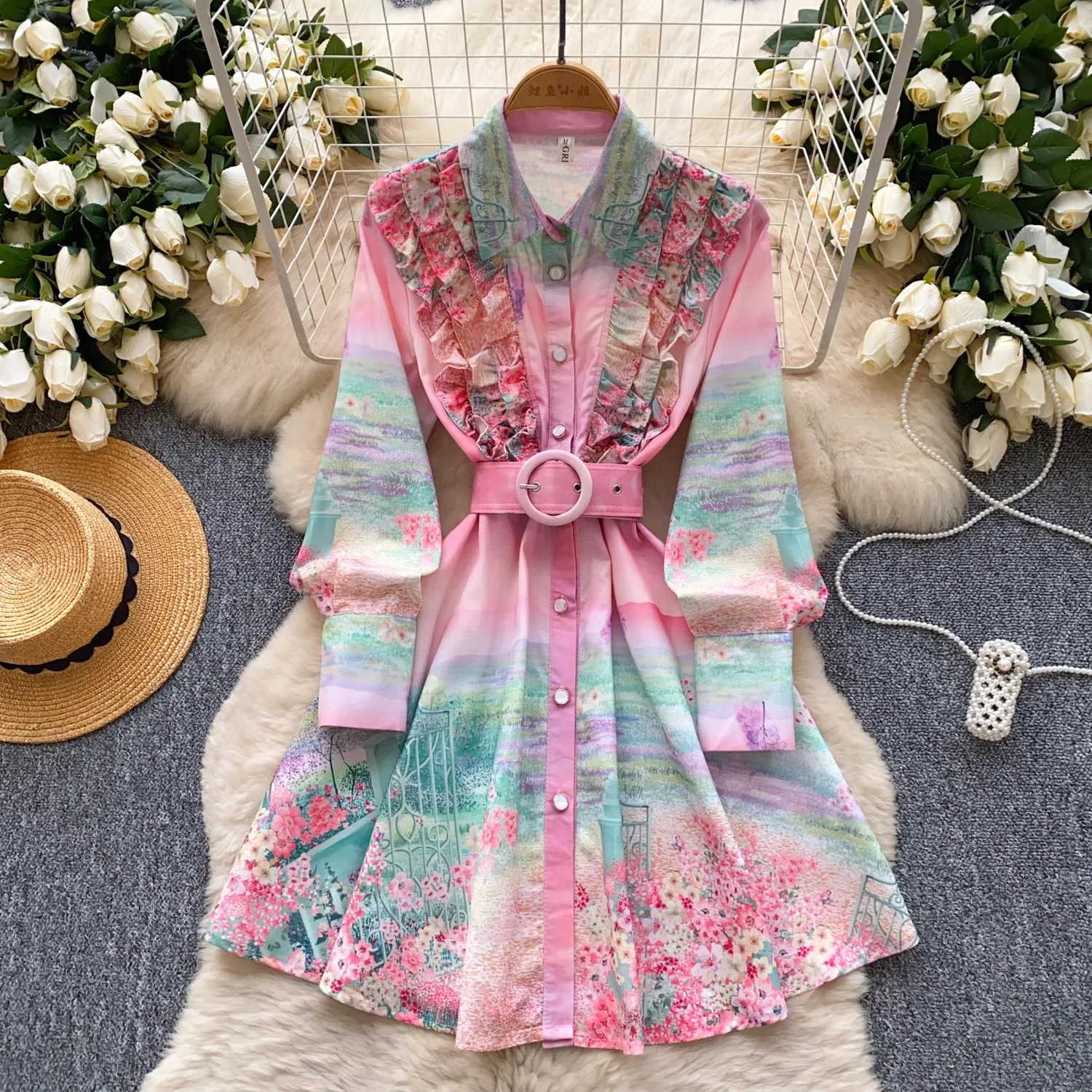 

France Elegant Flower Ruffle Evening Dress Women Print Sashes Button Short Party Dress Female Casual Chic Festival Clothing New