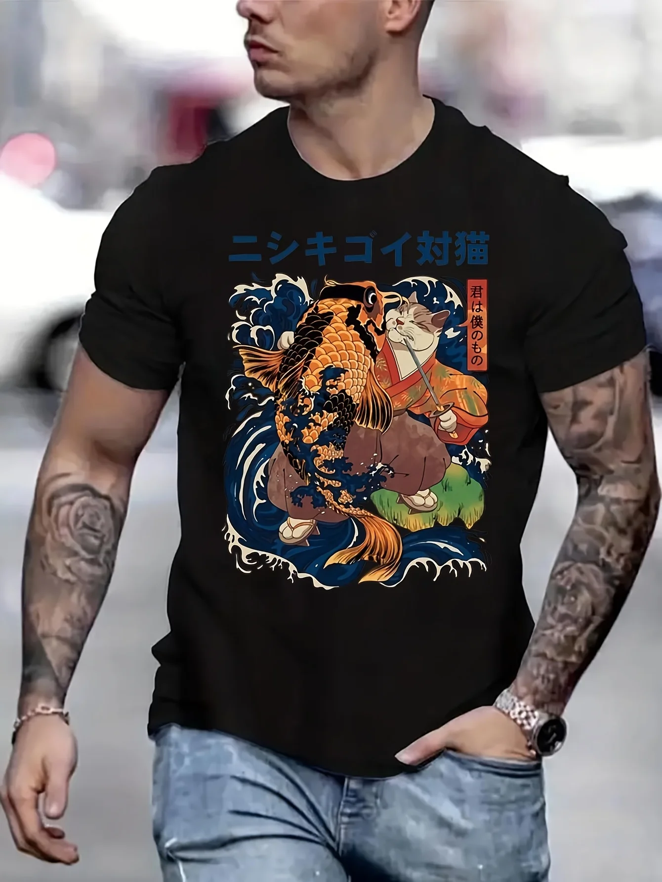 Japanese Cat and Koi Fish Tshirt Anime Clothes Funny Gifts Anime Men T shirt Printed T-Shirt B5024329