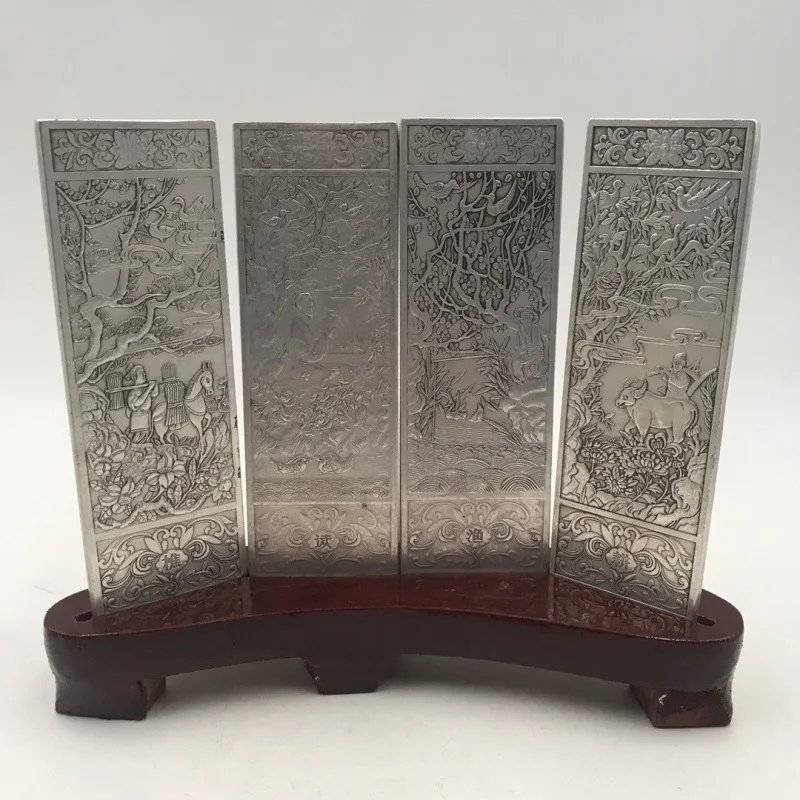 Antique White Copper Fishing and Farming Screen Ornament Exquisite Copper Silver-Plated Small Screen Set of Four Home Decor Craf
