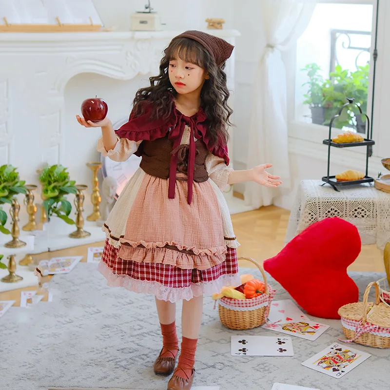 Christmas Costume Lolita Cosplay Little Red Riding Hood Shawl Cloak Pastoral Style Girls Costume Halloween Performance Costume