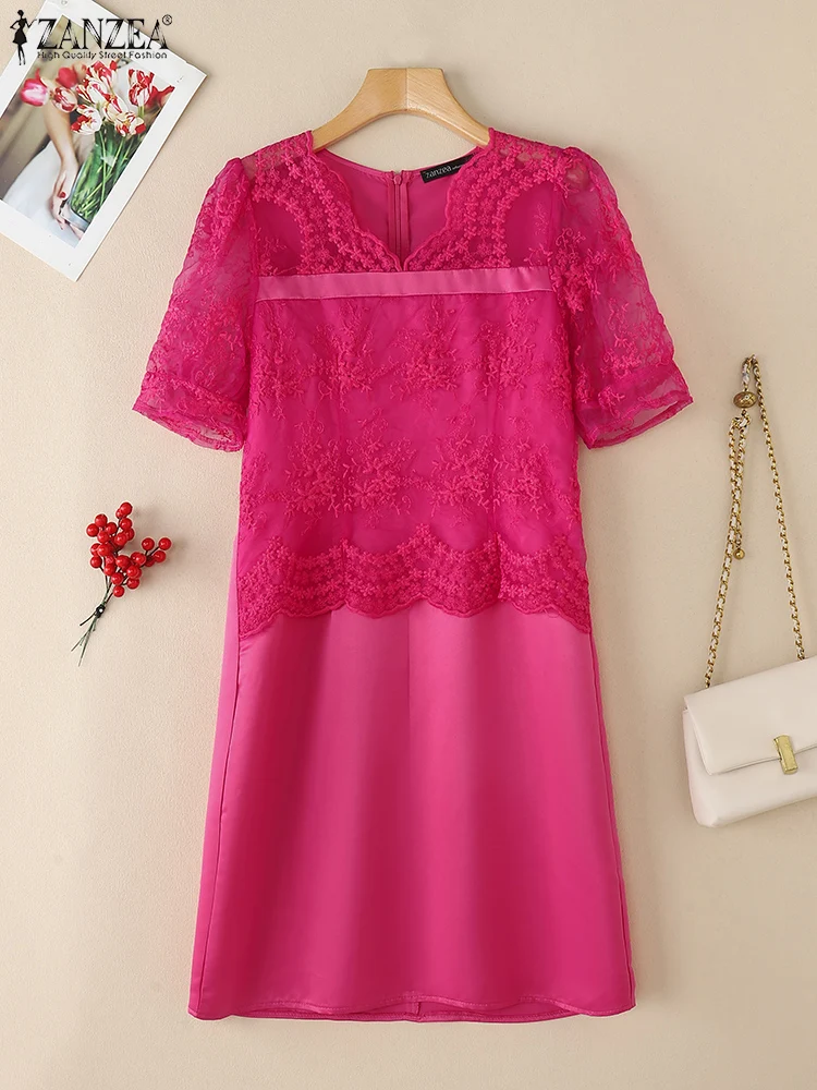 

ZANZEA Short Sleeve V-Neck Robes Femme Satin Woman Elegant See-Through Knee-Length Dresses Lace Patchwork Commute Fashion Dress