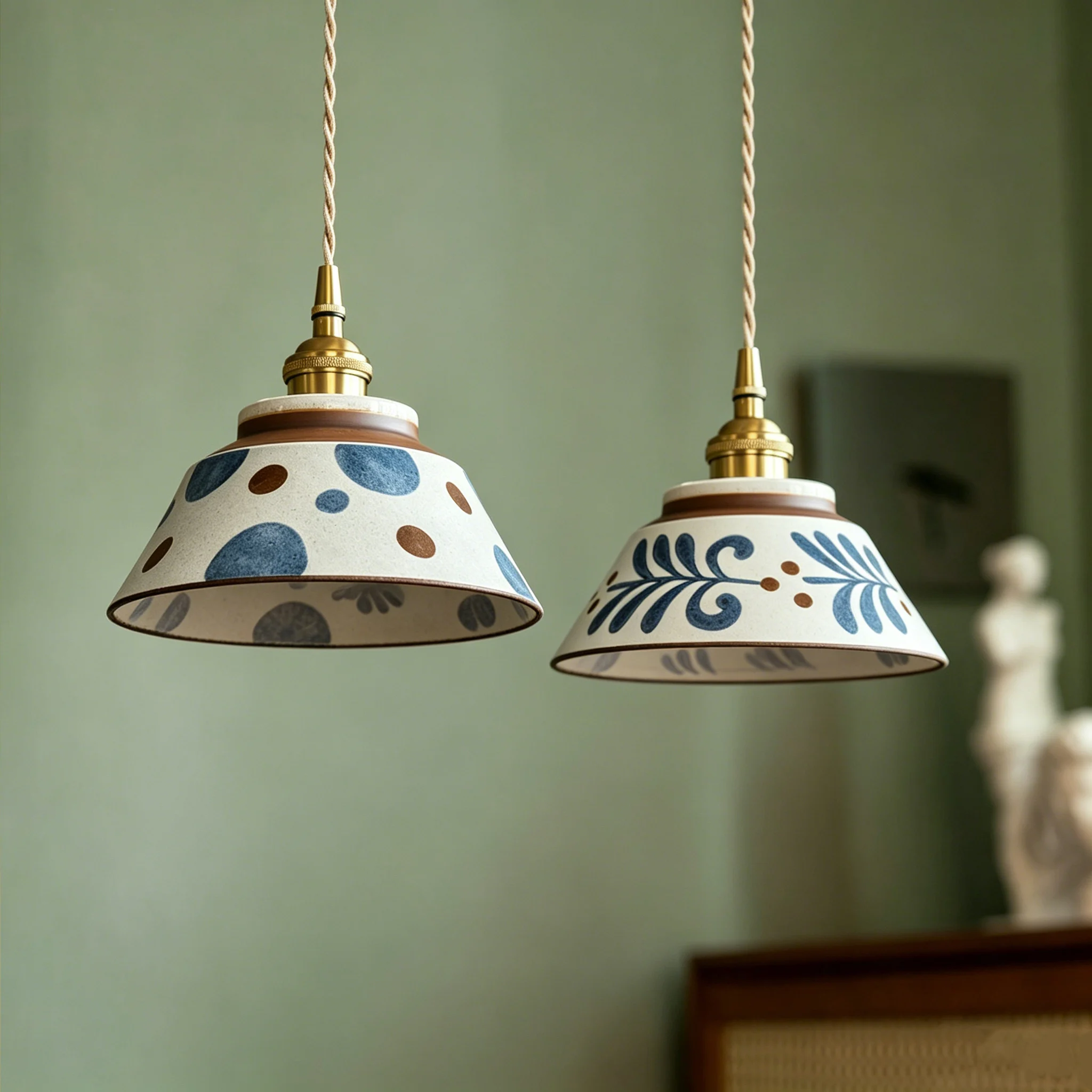 Lámpara colgante de cerámica esmaltada azul y blanca de estilo retro chino para sala de té, estilo antiguo chino, nostálgica, para comedor de casa rural.