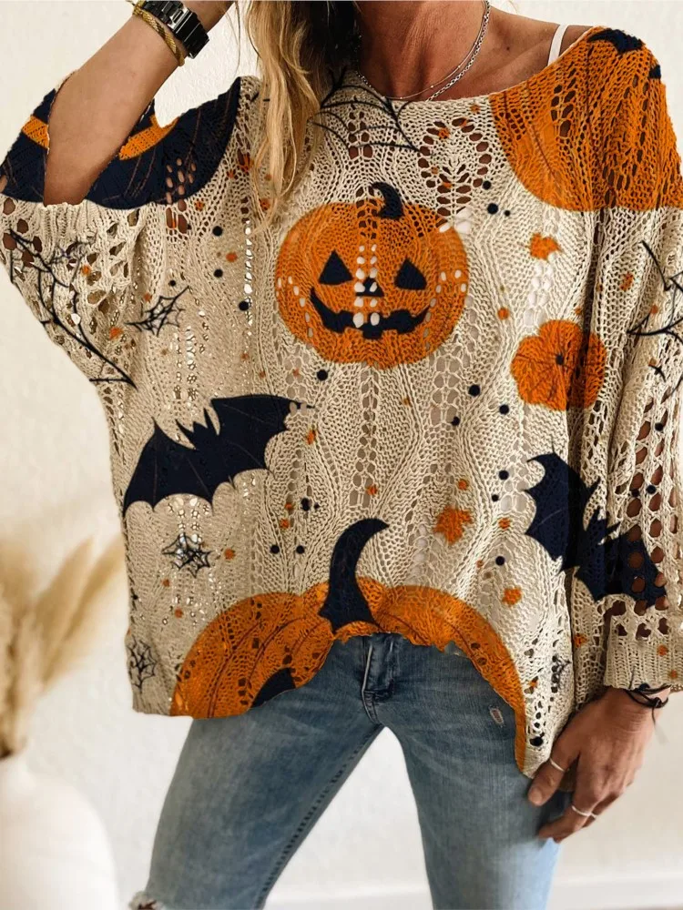New Halloween Sweater Women Pumpkin And Bat Printed Long Sleeve Loose Sweaters For Women Casual Jumper Christmas Pullover Tops