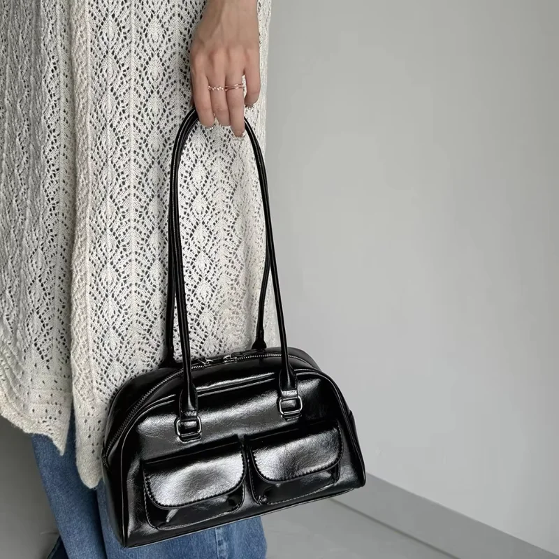 Tas Tangan Bowling Coklat Kapasitas Besar Tas Bahu Wanita Tas Tren Mode Baru Musim Gugur Musim Dingin Gaya INS Korea Retro ﻿