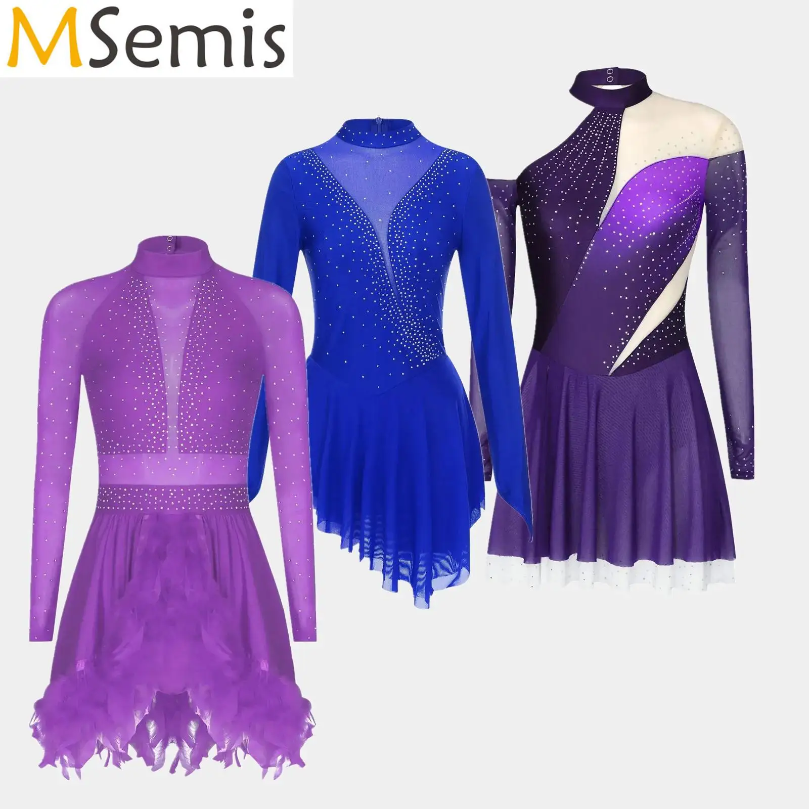 

Adults Women Gymnastics Artistic Figure Skating Dance Costumes Shiny Rhinestones Sheer Mesh Ruffled Ballet Lyrical Dance Dress