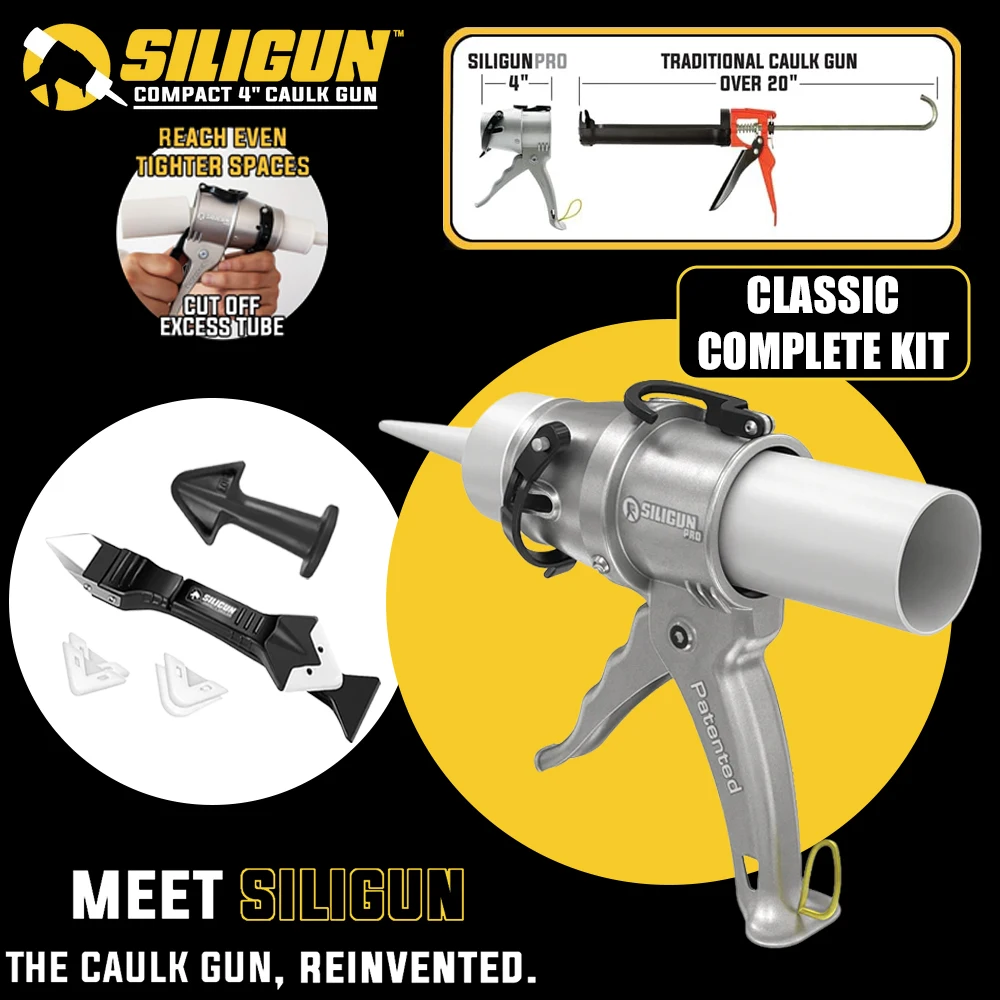SILIGUN™ PRO Compact 24:1 Caulking Gun Complete Kit DESCRIPTION Portable Lightweight Handheld Sealant Applicator