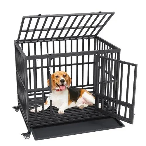 42 Inch Heavy Duty Indestructible Dog Crate with 3 Doors, Lockable Wheels & Removable Tray - Ideal for medium to Large Dogs