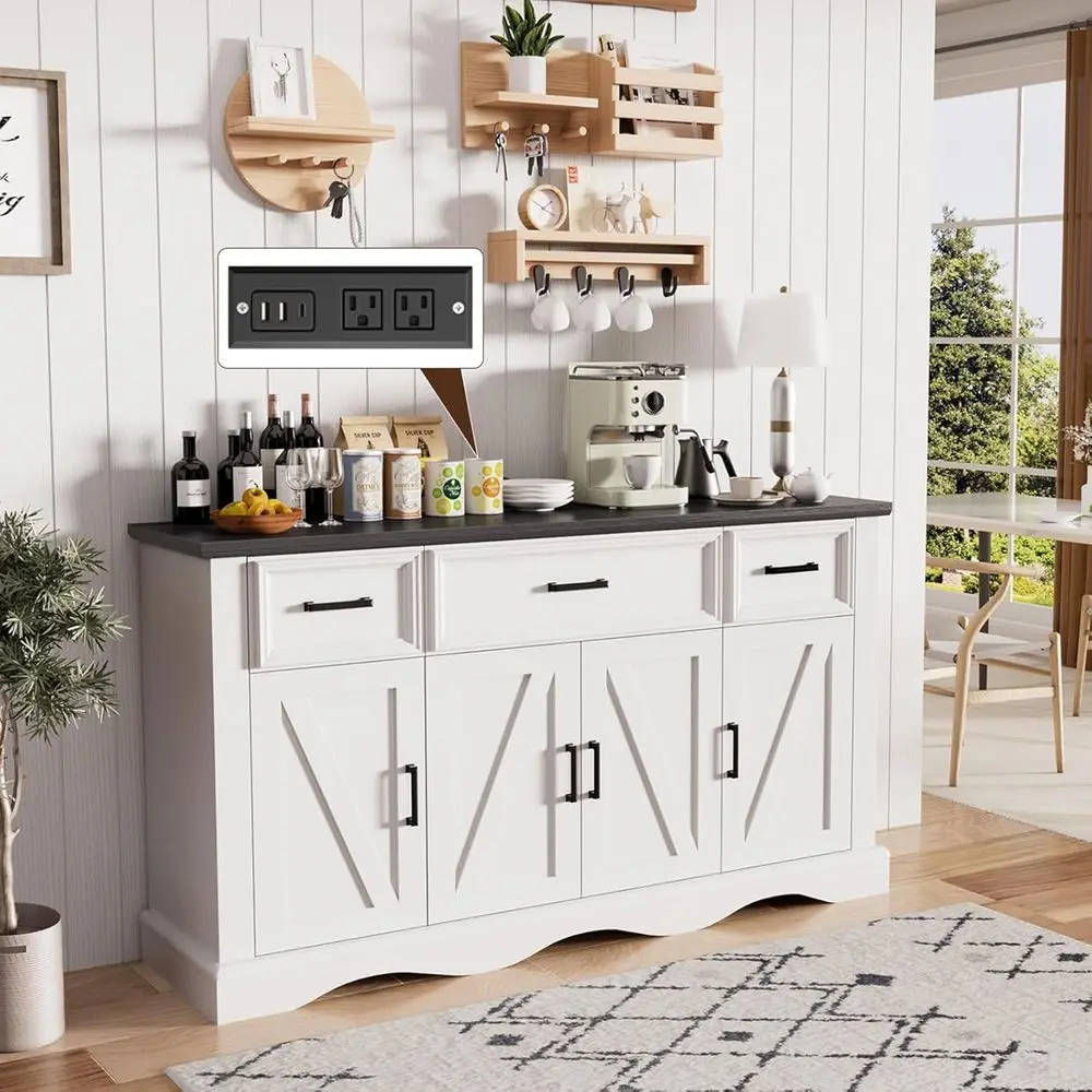 

56 White Sideboard Buffet Cabinet with 4 Doors, 3 Drawers, Coffee Bar, Charging Station, Adjustable Shelves for Kitchen, Hallway