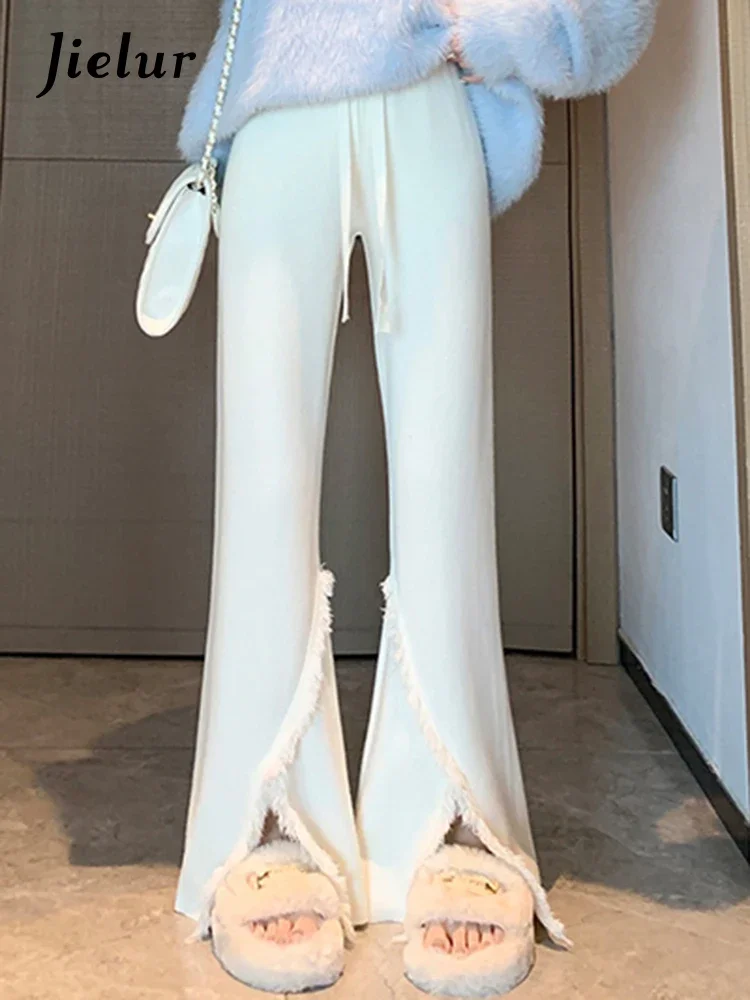 

Jielur New Simple Basic Slim Women Pants Fashion Street Casual Tassel Woman Pants Split Knitted High Waist Loose Wide Leg Pants
