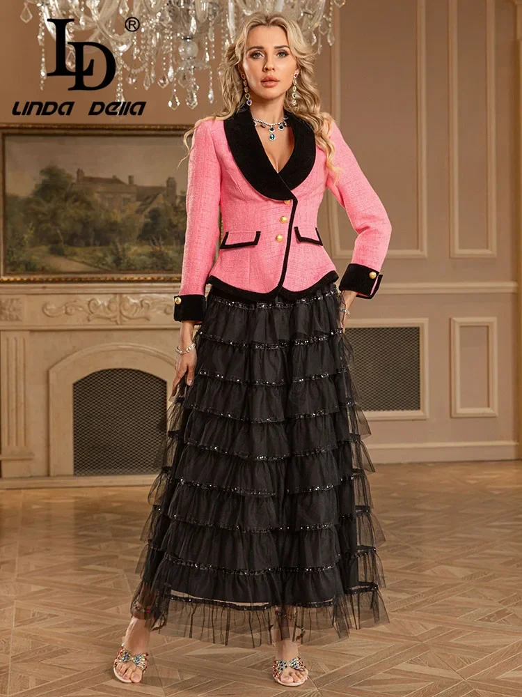 

Комплект LD LINDA DELLA 2025 Весна/Лето: Новинка — Женский укороченный жакет в стиле «маленький аромат» + сетчатая юбка-полусолнце, французский ретро-стиль