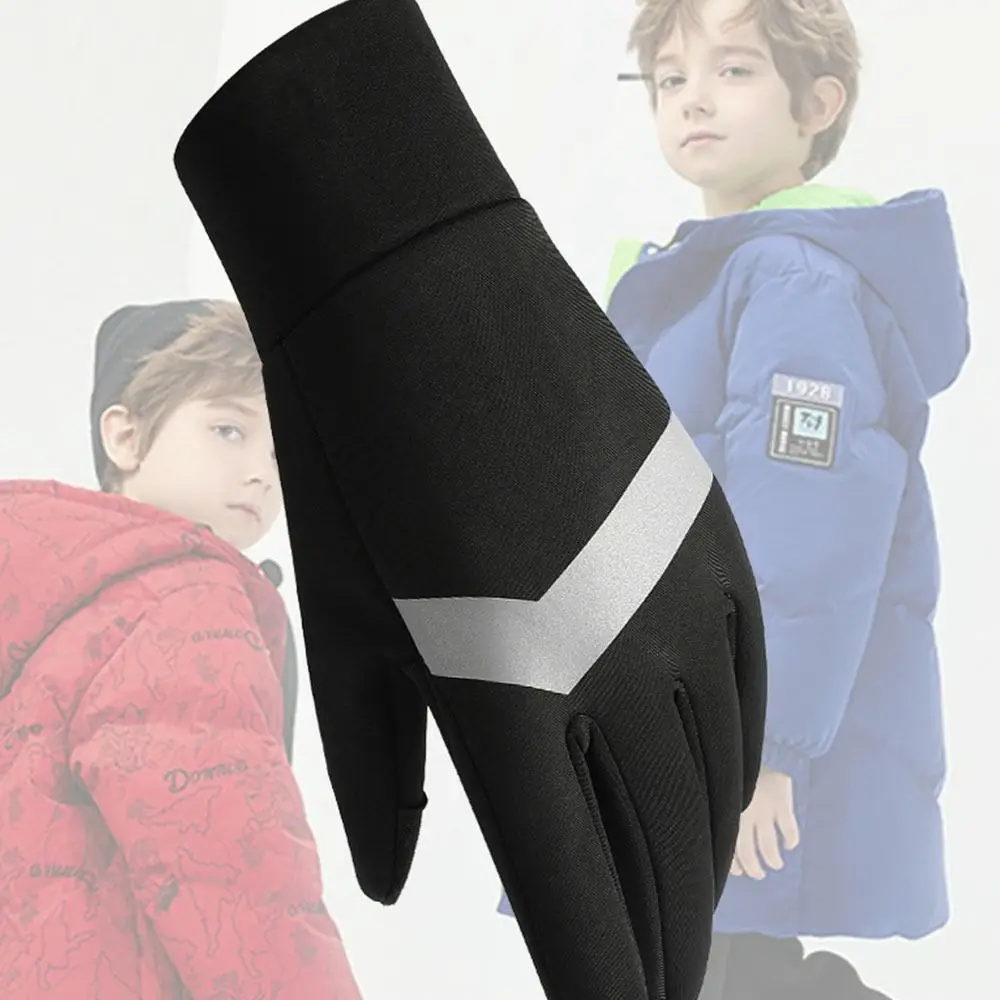 Non-slip Kids Warm Cycling Gloves Full-finger Reflect Bicycle Sports Mittens Touch Screen Cold Wingproof