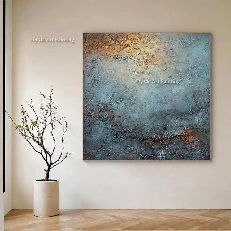 Original Handmade Palette Knife Canvas Oil Painting, Blue Gold Wabi Sabi Contemporary Abstract Wall Artwork