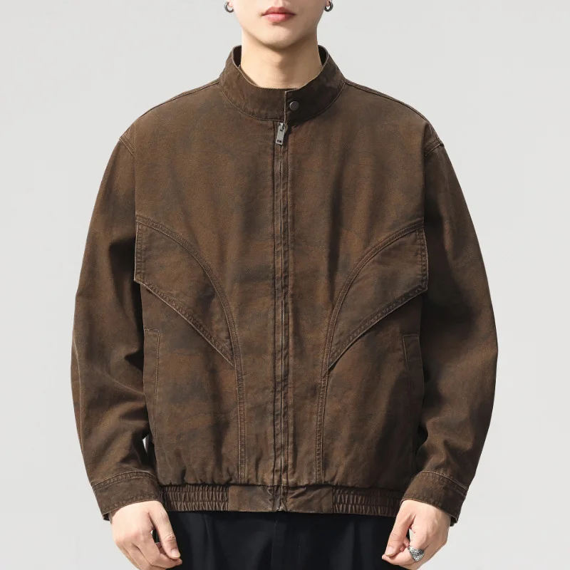 Spring Autumn Men Coat Vintage Stand Collar Zipper Male Outerwear Casual Long Sleeve Pocket Zipper Loose Man Cargo Jacket
