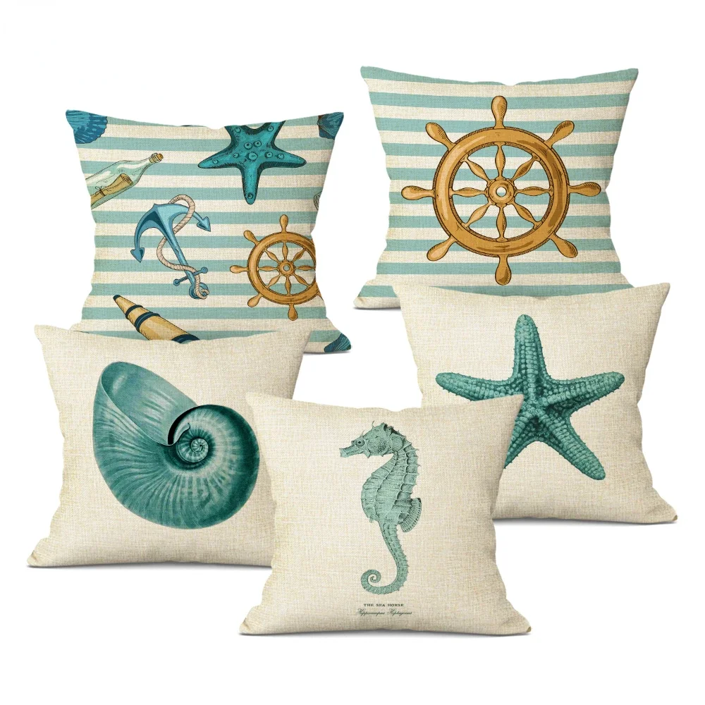 1pcs/Set Decorative Cotton Retro Painting Marine Decoration Pillow Covers Square Replacement Printed Cushions Pillow Case