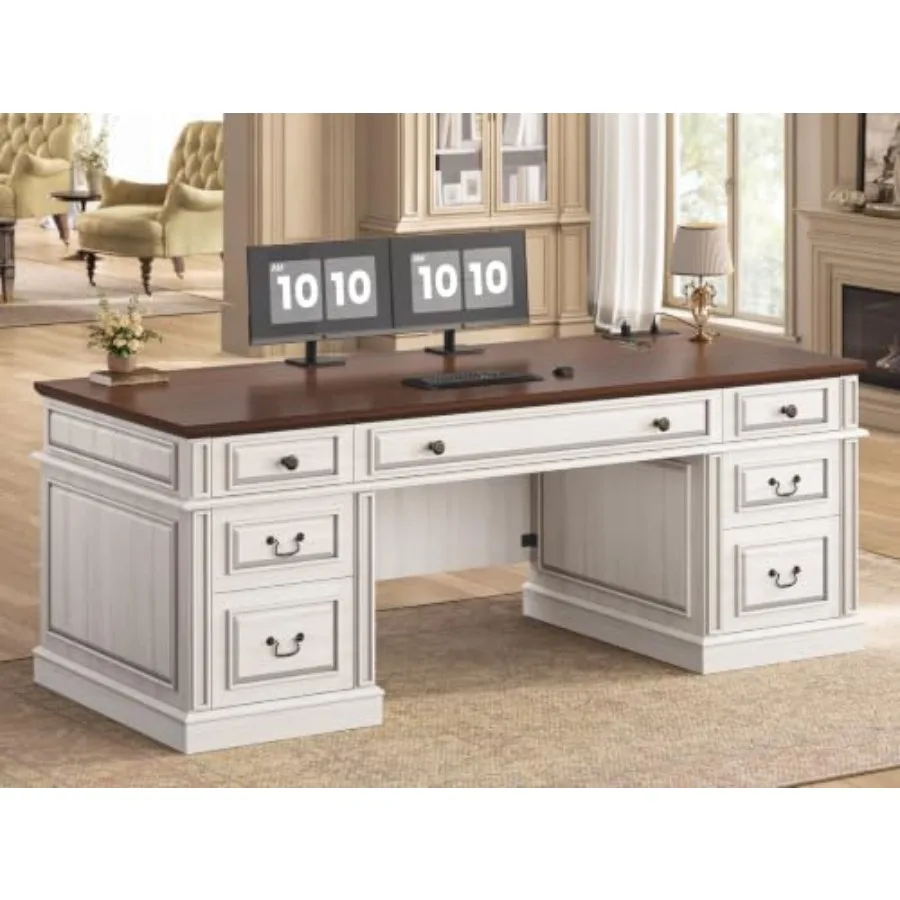 Home office desk with 7 drawers charging station, wood construction, classic brown, ample storage and integrated power solution