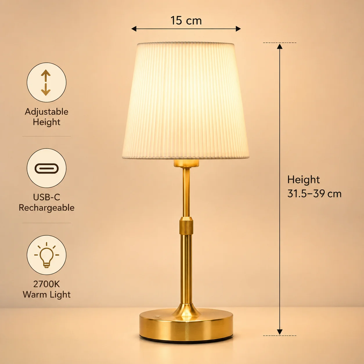 Fabric metal rechargeable touch table lamp, 2700K color temp, ideal for dining room & bedside decor.