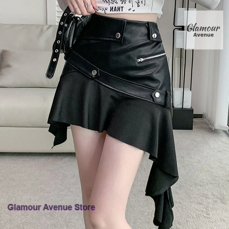 

French retro irregular PU leather skirt women's autumn and winter new high waist slim fashion temperament A word ruffled skirt